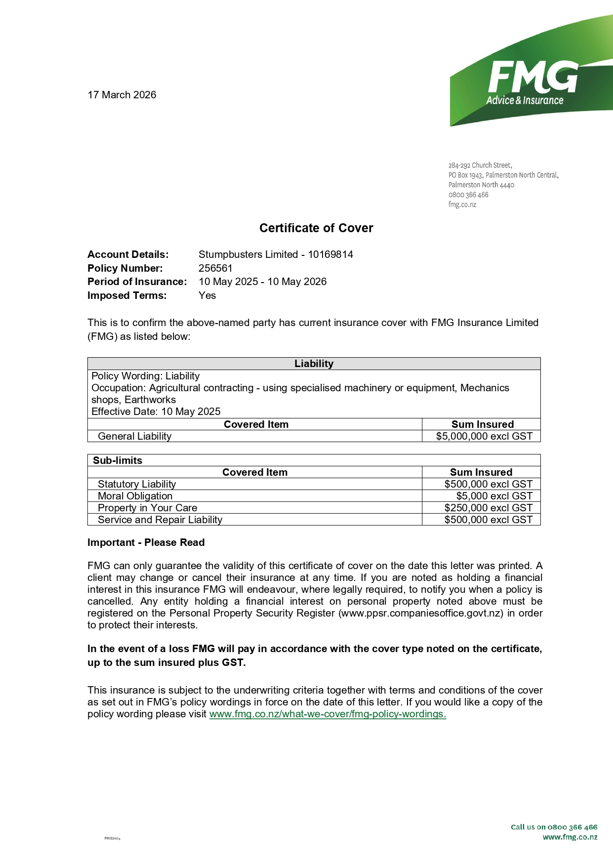 Certificate of cover